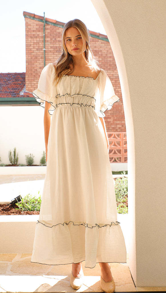 Women’s Long Dress – Empire Waist – Ruffled Sleeves – Tiered Skirt – Cotton Blend