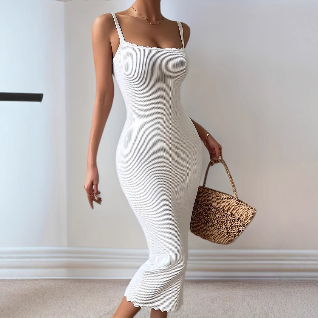 Women's Bodycon Dress - Ribbed Texture - Scalloped Bustline - Spaghetti Straps - Midi Length