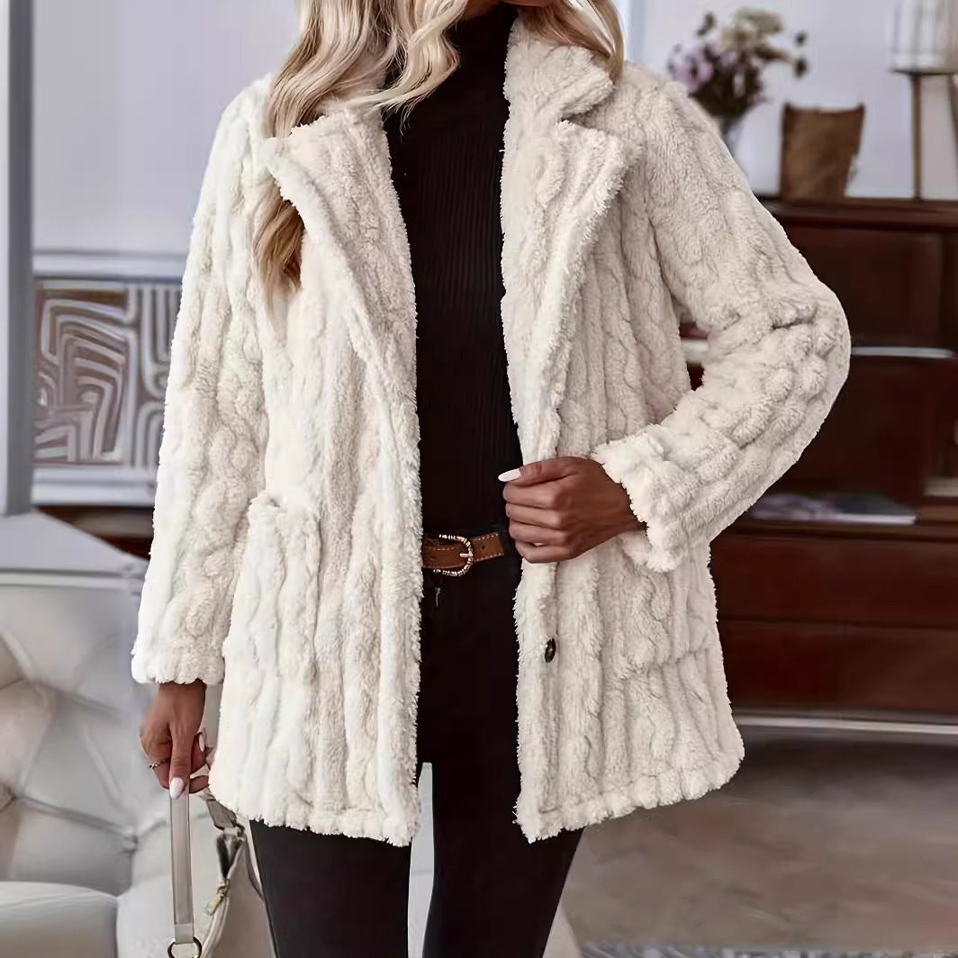 Women’s Cardigan Jacket – Relaxed Fit – Plush Double-Sided – Lapel Collar – Button Front