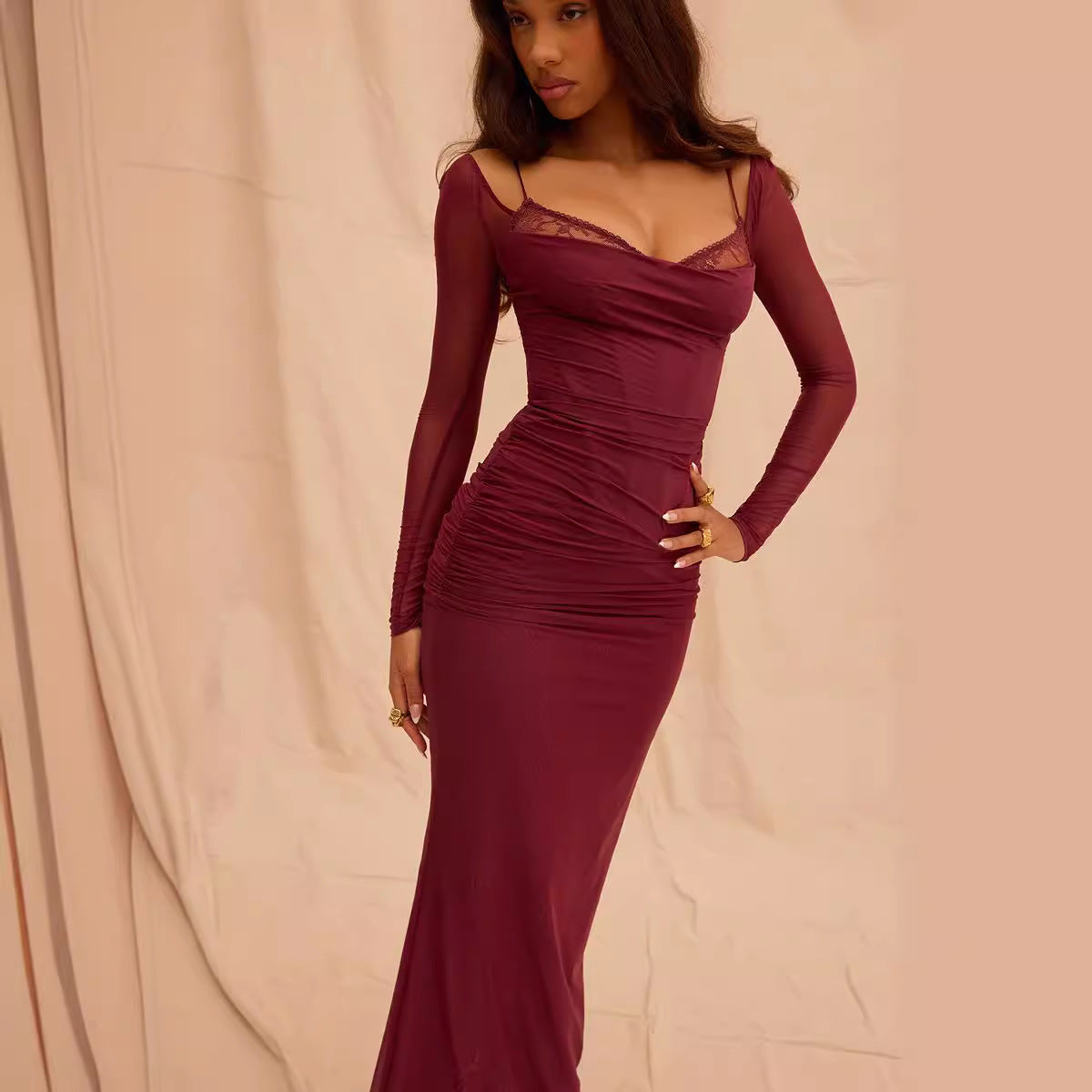 Women’s Sheath Dress – Slim Fit – Mesh Sleeves – Backless – Ruched Full Length – Slit