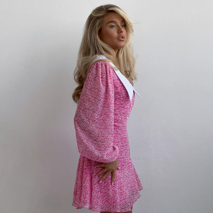 Women's A-Line Dress - Puff Sleeve - Contrast Pointed Collar - Vintage Inspired