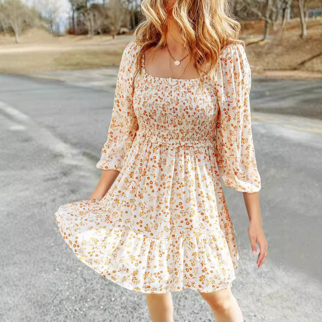 Women’s A-Line Dress – Smocked Bodice – Puff Short Sleeve – Floral Print – Pockets