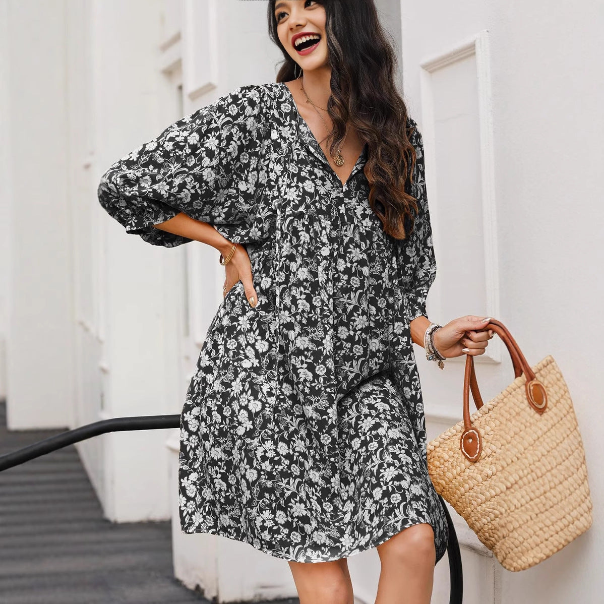 Women’s Midi Dress – Cotton Blend – V-Neck – Lantern Sleeve – Bohemian Floral Print