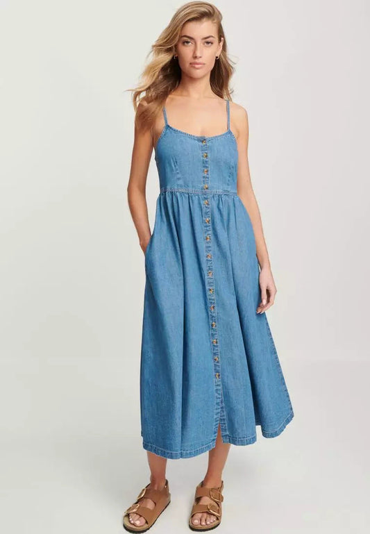 A-Line Denim Button Front Midi Dress