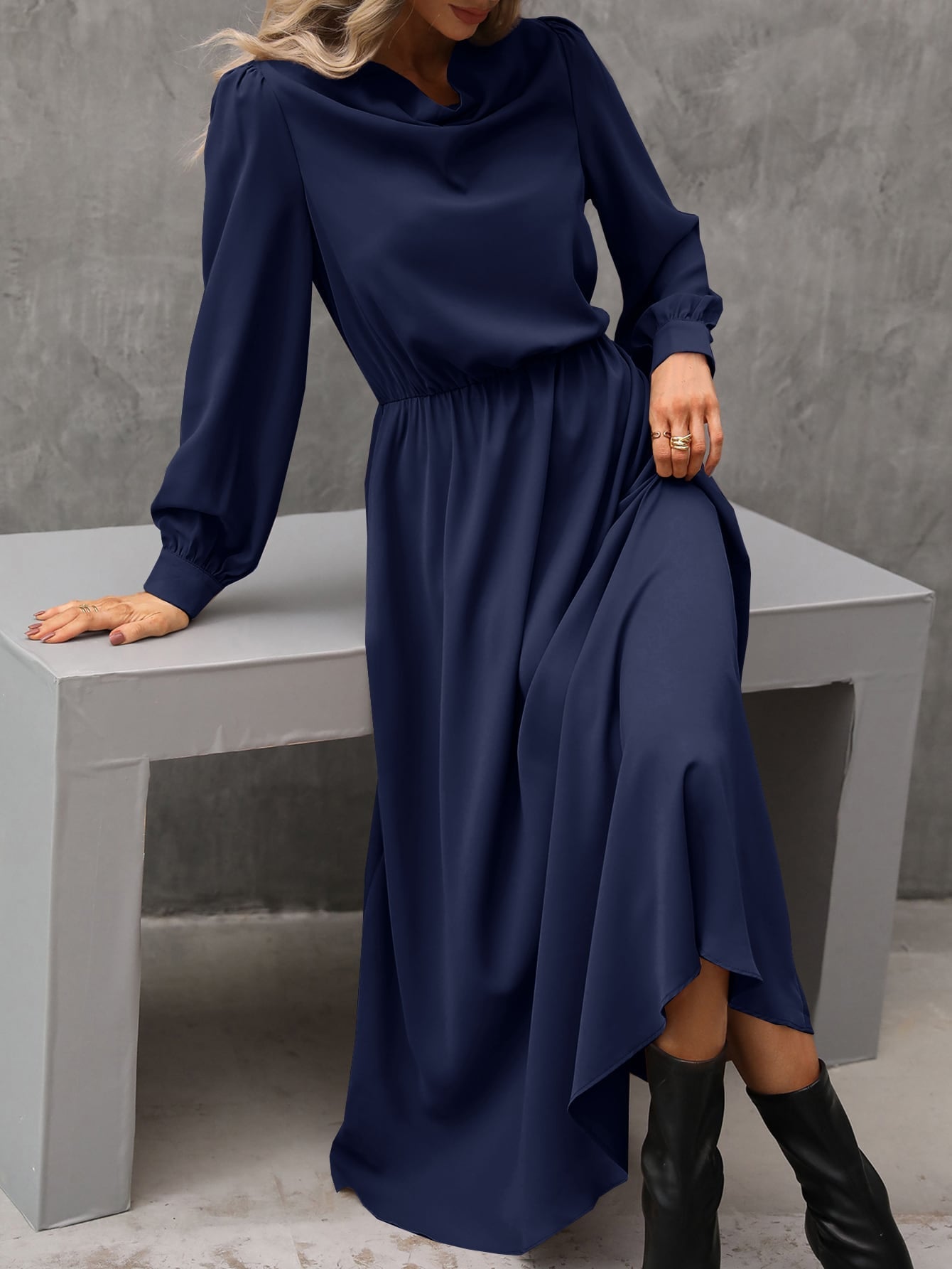 Women’s Midi Dress – Cowl Neck – Long Sleeve – Draped Silhouette – Elegant Fit