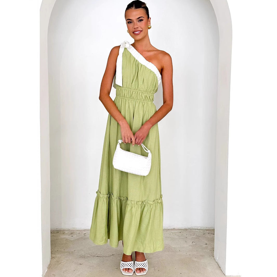 Women’s One-Shoulder Midi Dress – Cotton Blend – A-Line Fit – Ruffle Tiered Skirt