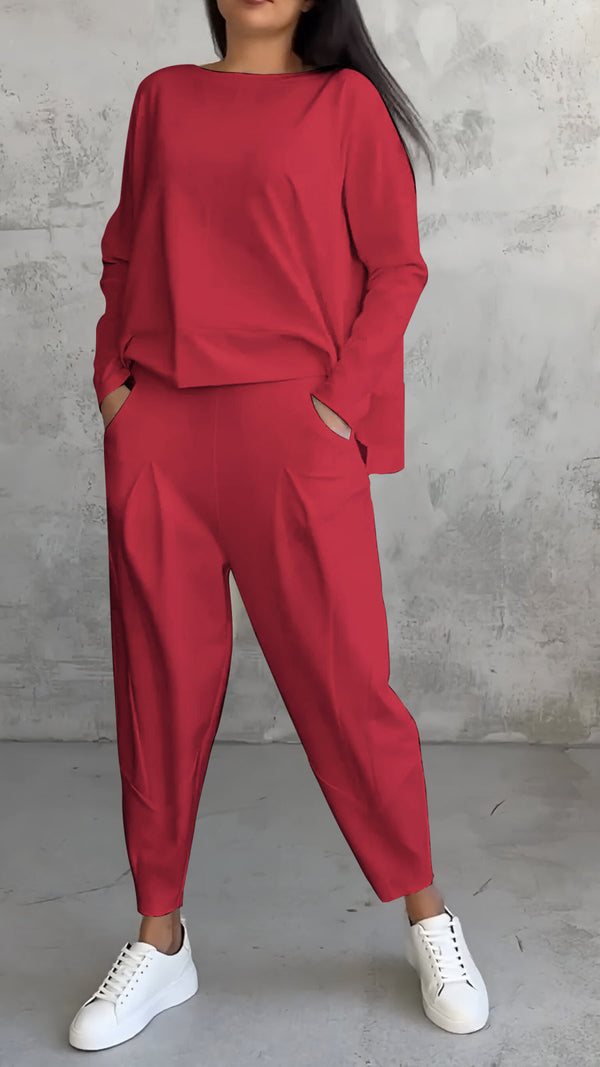 Women's Two-Piece Lounge Set - Loose Fit Long-Sleeve Top & Tapered Pants - Casual Wear