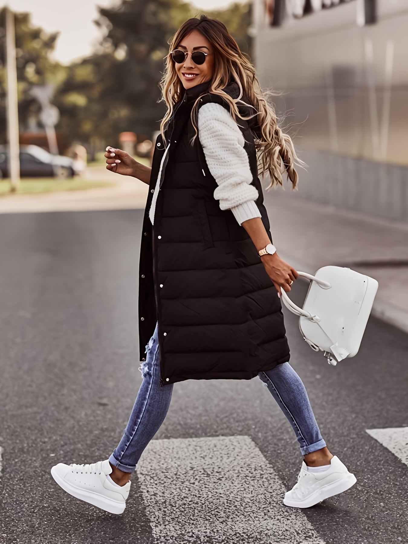 Women's solid color hooded single-breasted mid-length slim cardigan jacket