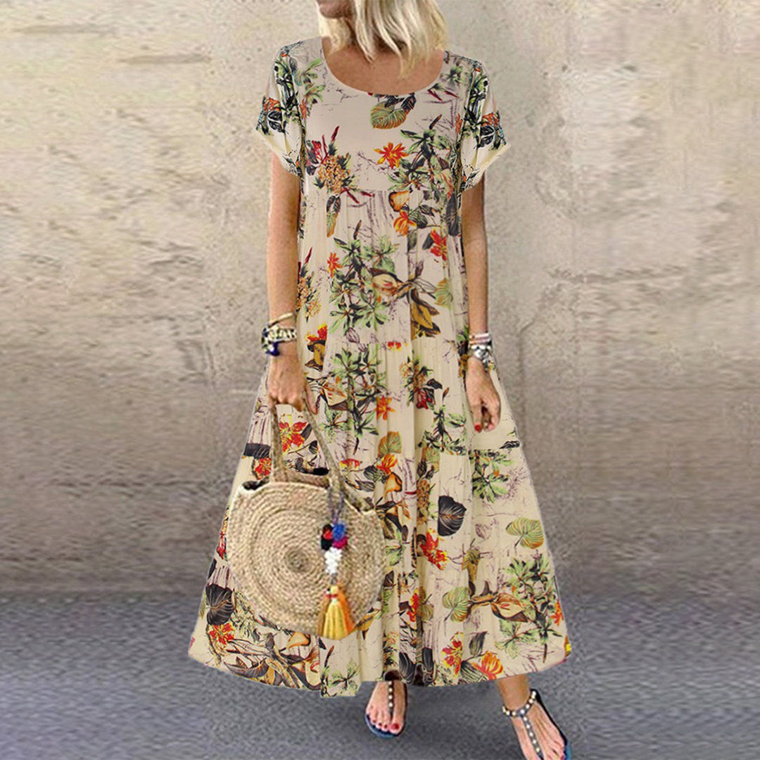 Women's Maxi Dress - Flowy Loose Fit - Short Sleeve Elegant Floral Print