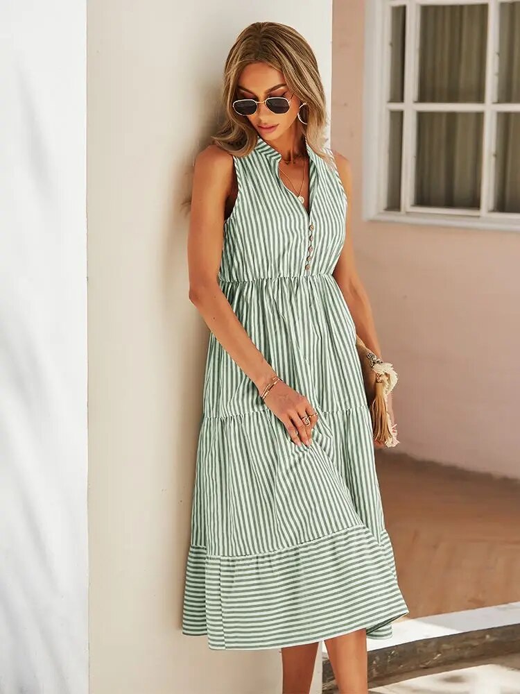 Women’s Sleeveless Vintage Boho Striped Summer Dress