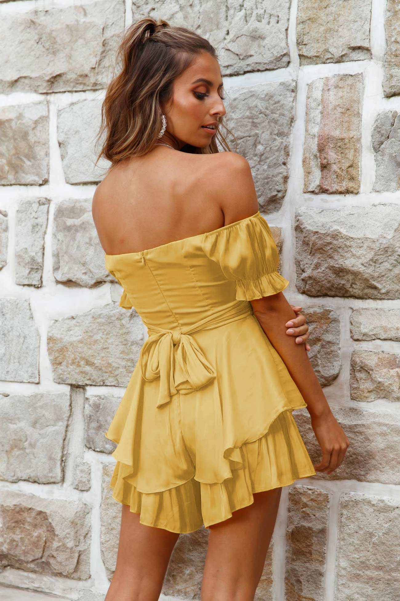 Women's Off-Shoulder Romper - Sweetheart Neckline - Puffy Sleeve Tiered Skirt