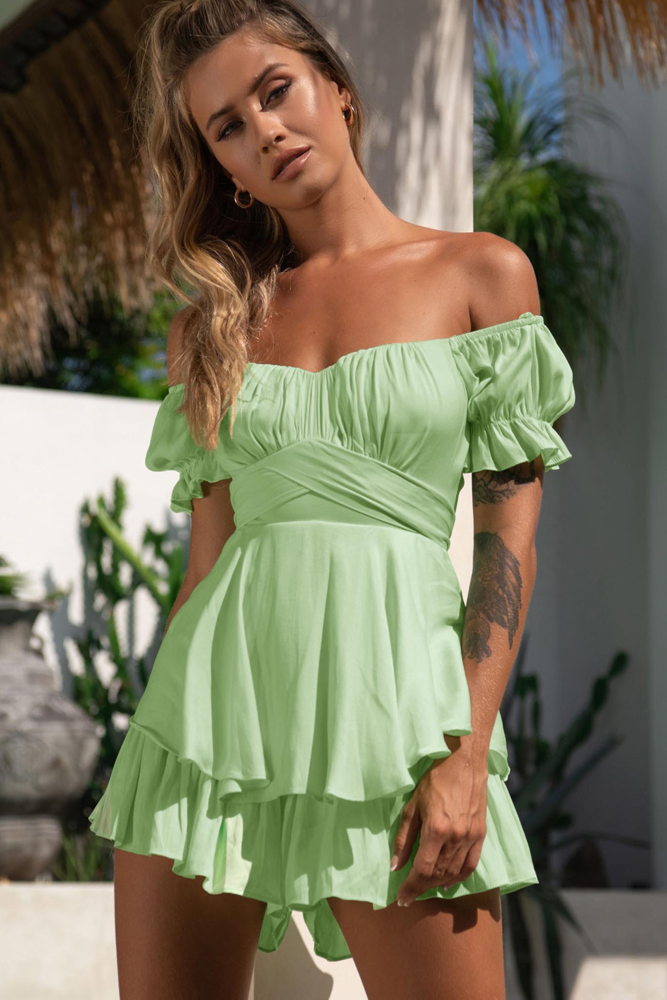 Women's Off-Shoulder Romper - Sweetheart Neckline - Puffy Sleeve Tiered Skirt