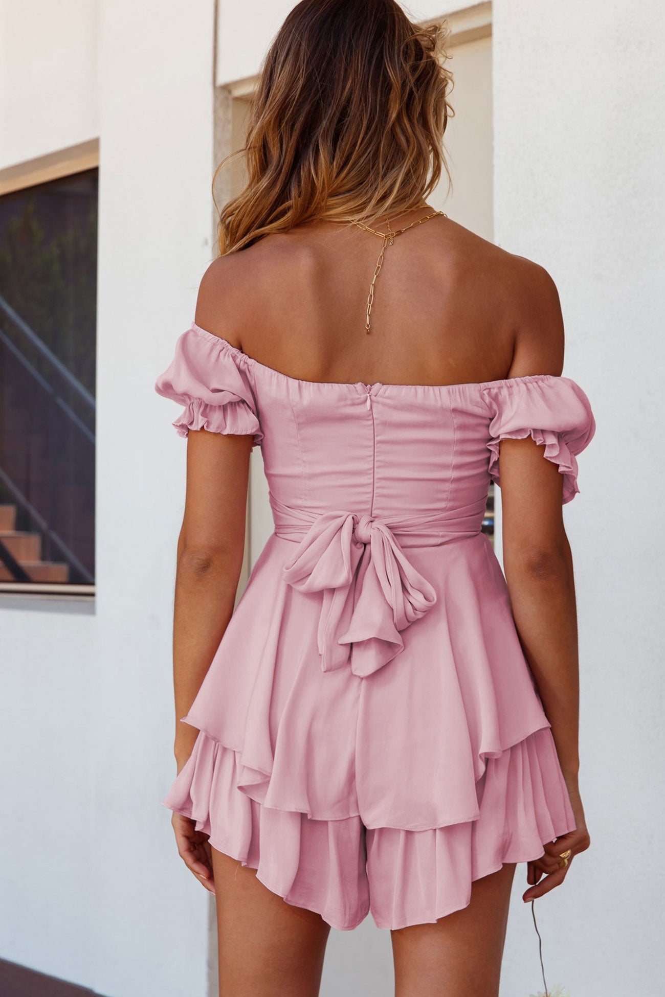 Women's Off-Shoulder Romper - Sweetheart Neckline - Puffy Sleeve Tiered Skirt
