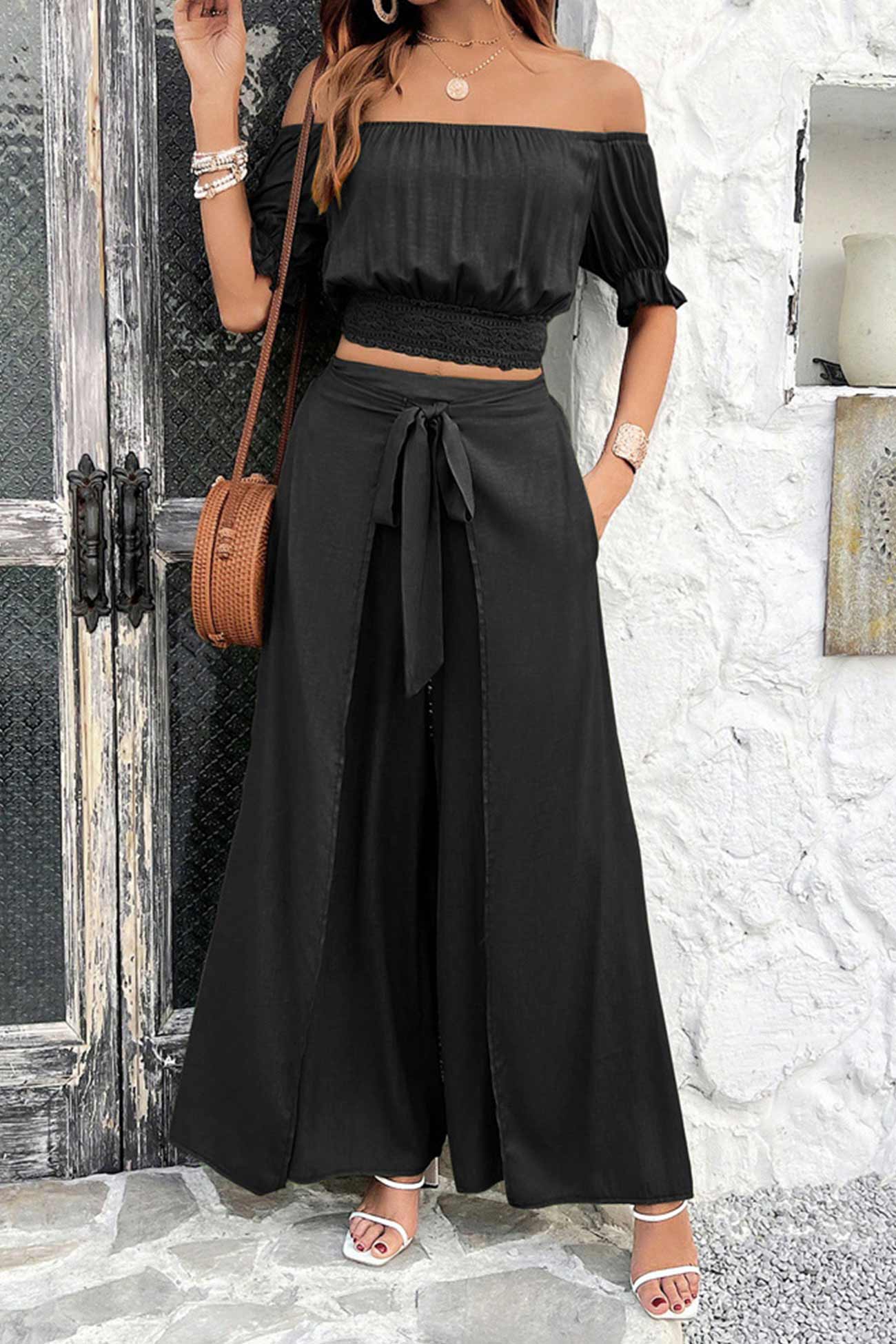 Women's off-shoulder crop top and tie-up pants set