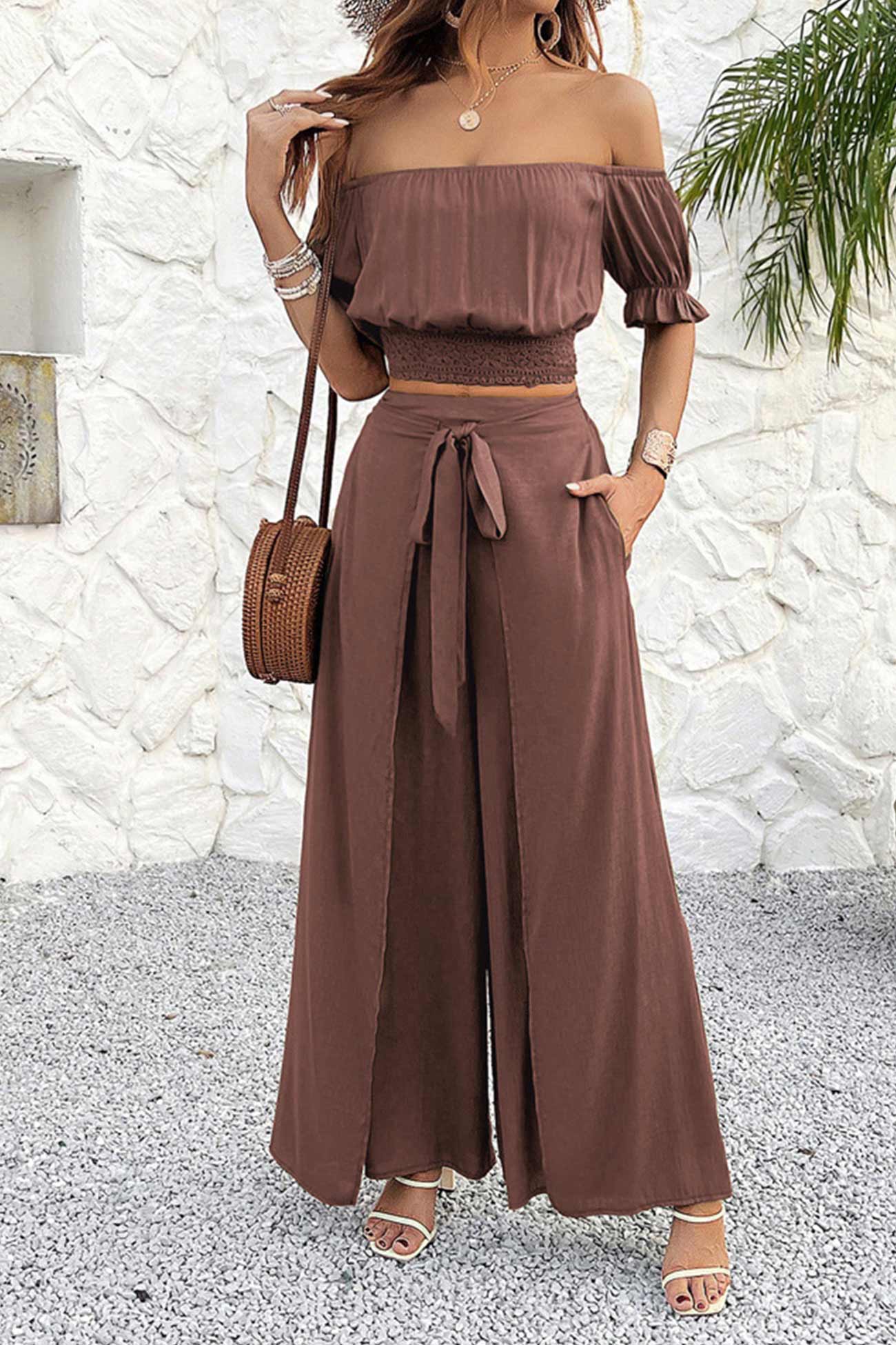 Women's off-shoulder crop top and tie-up pants set