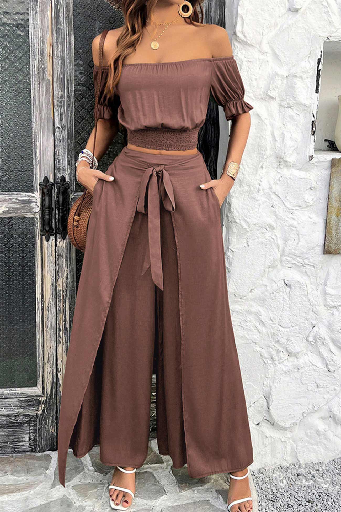 Women's off-shoulder crop top and tie-up pants set