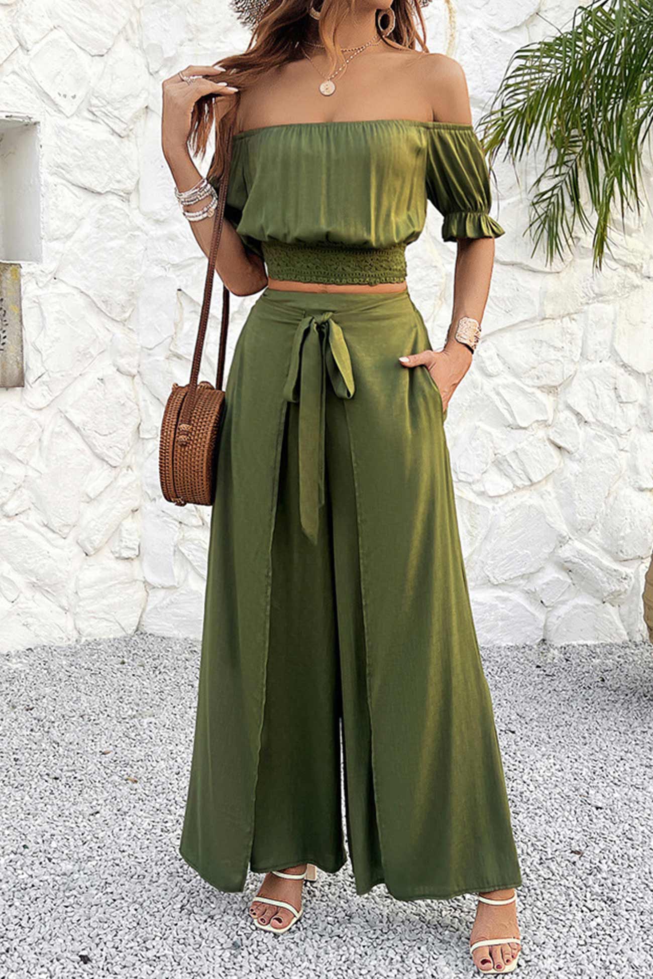 Women's off-shoulder crop top and tie-up pants set