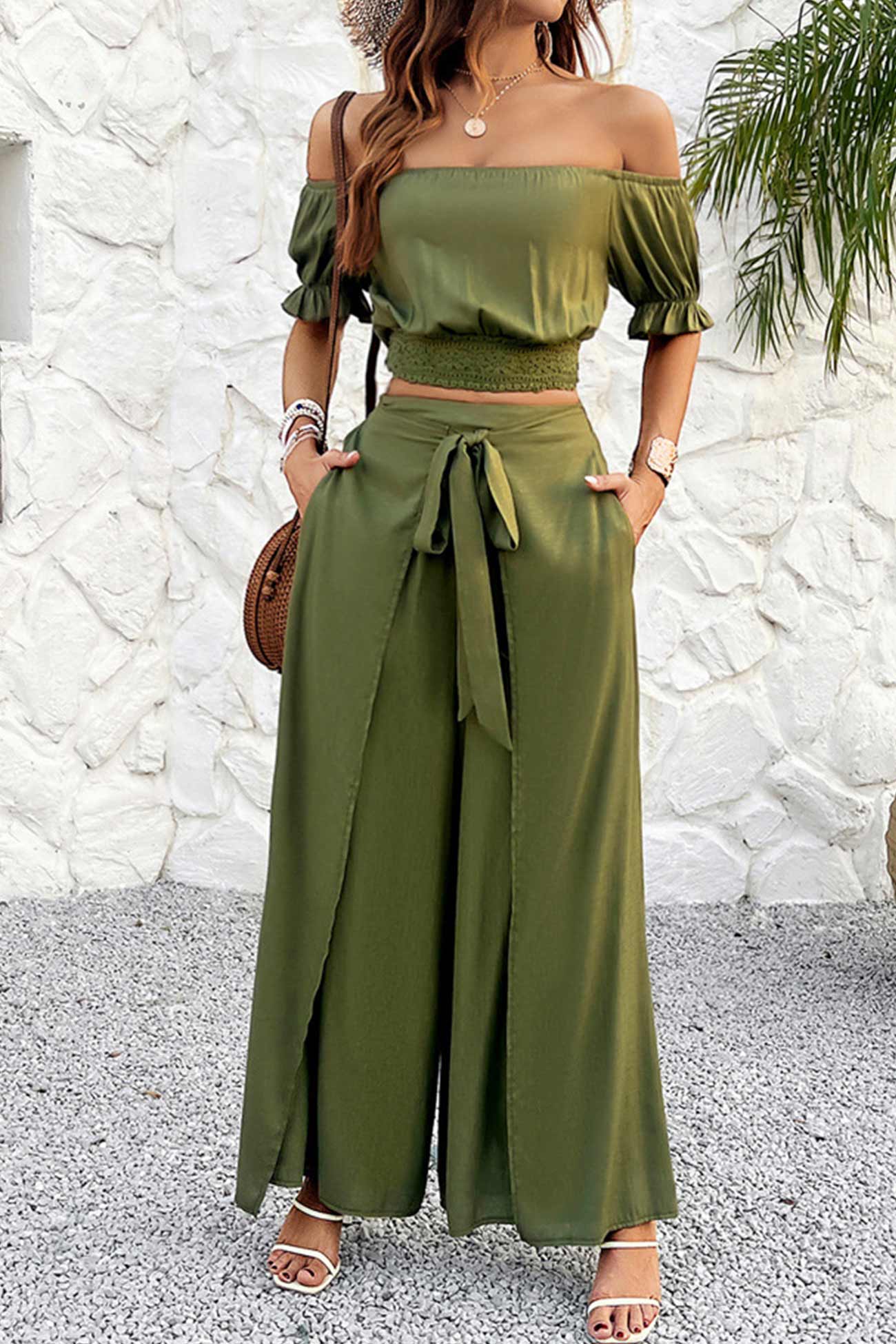 Women's off-shoulder crop top and tie-up pants set