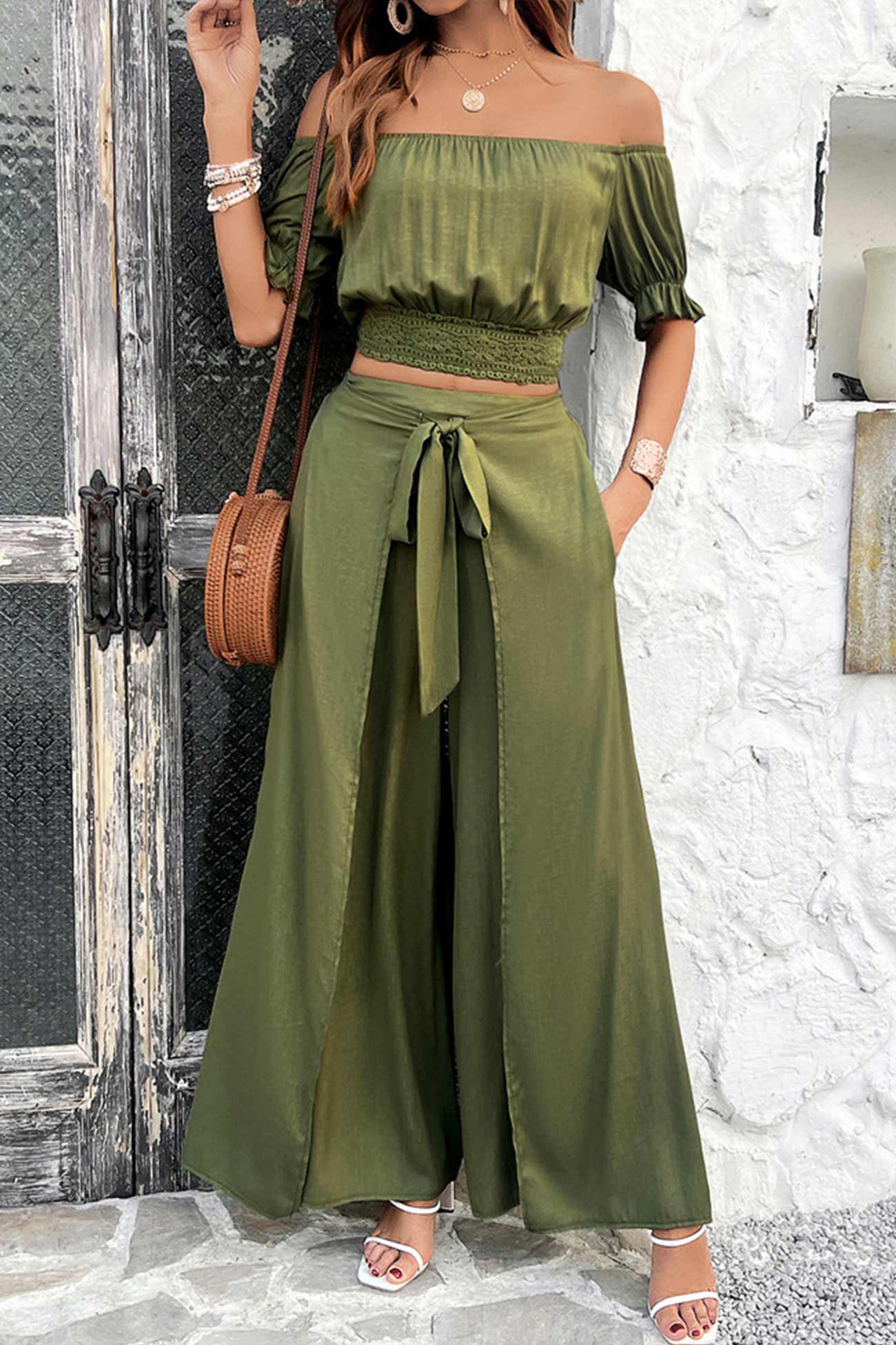 Women's off-shoulder crop top and tie-up pants set