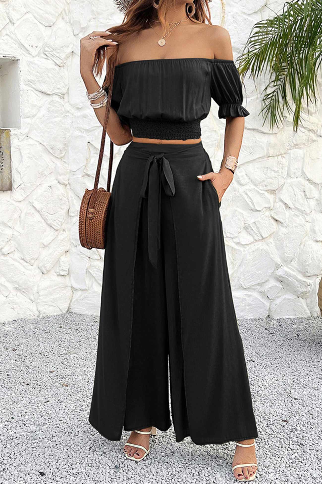 Women's off-shoulder crop top and tie-up pants set