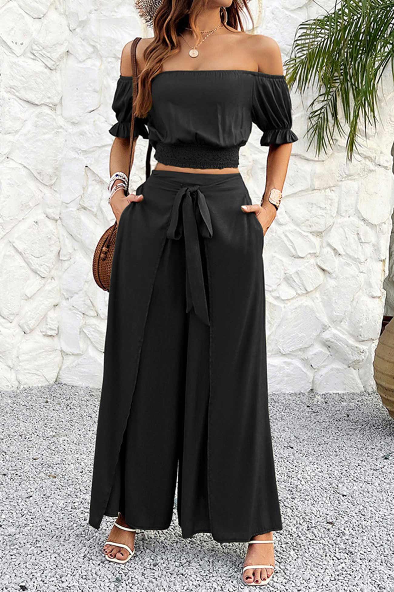 Women's off-shoulder crop top and tie-up pants set