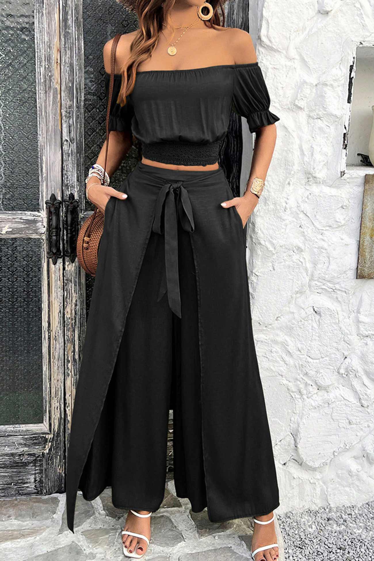 Women's off-shoulder crop top and tie-up pants set