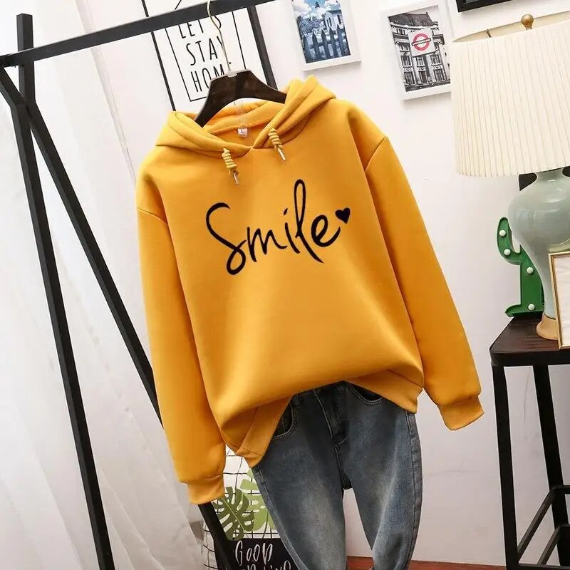 Women's smile print hooded pullover loose sweater