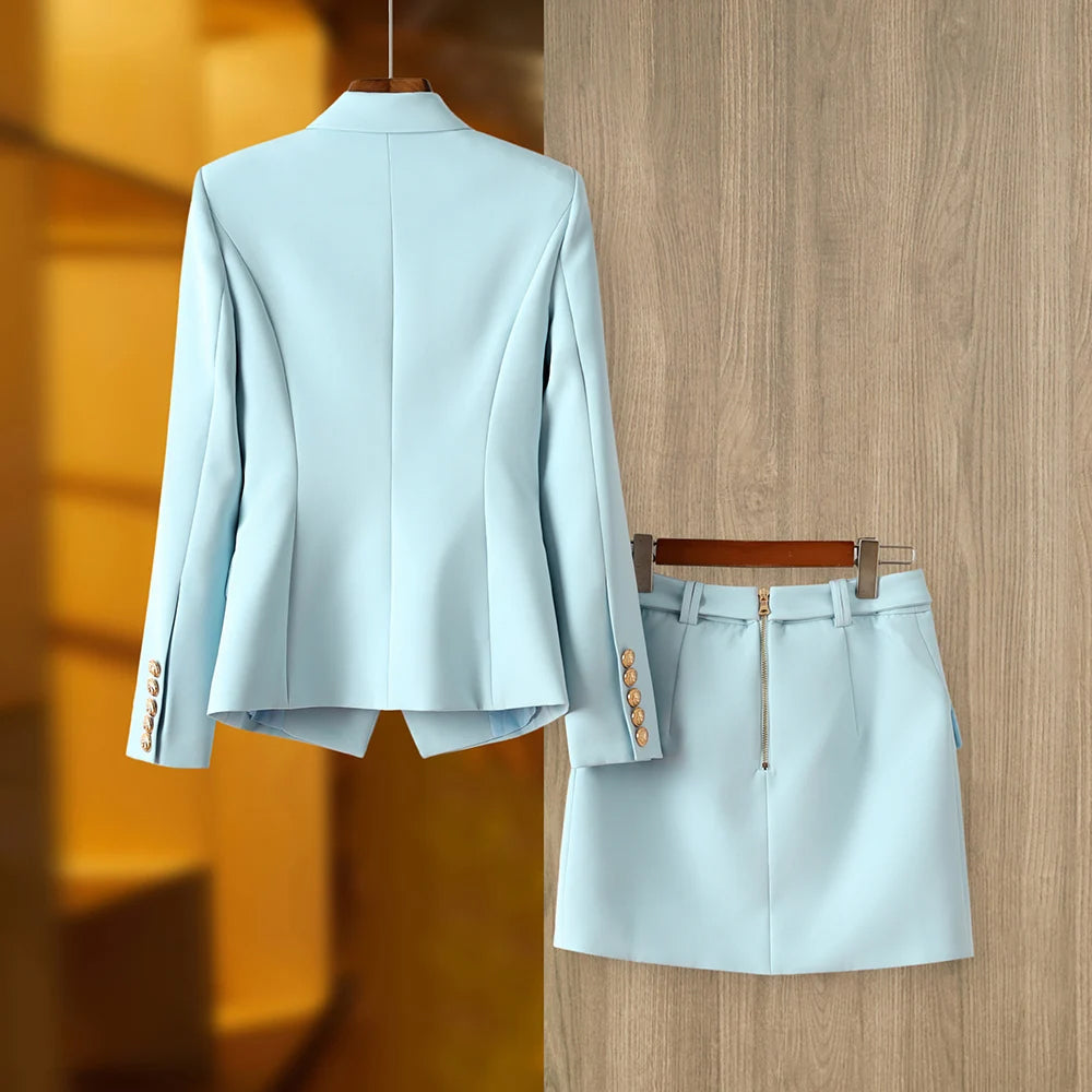Women's Blazer Skirt Set - Double Breasted Tailored Fit - Gold Button Detailing