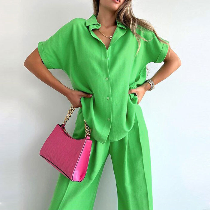 Women's casual two-piece set wide-leg pants loose summer shirt top
