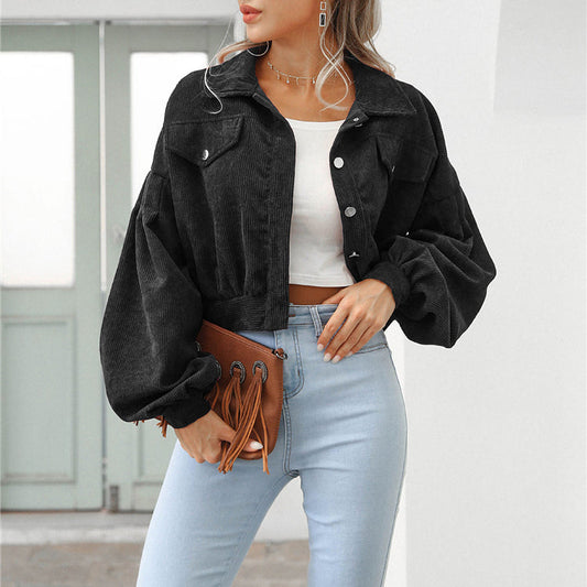 Cropped Lantern Sleeve Corduroy Jacket
