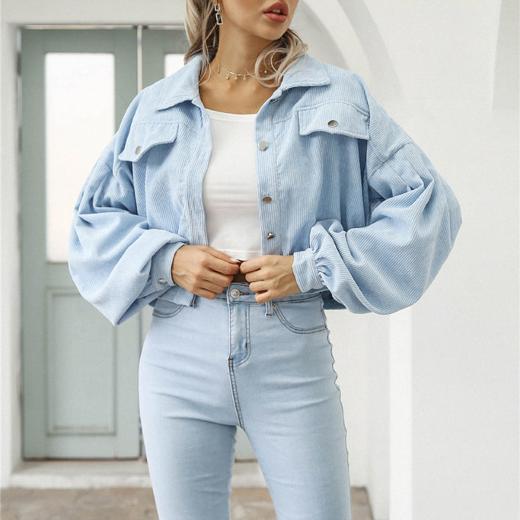 Cropped Lantern Sleeve Corduroy Jacket