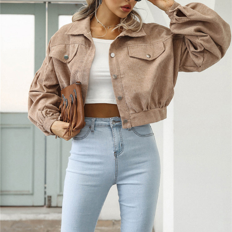 Cropped Lantern Sleeve Corduroy Jacket