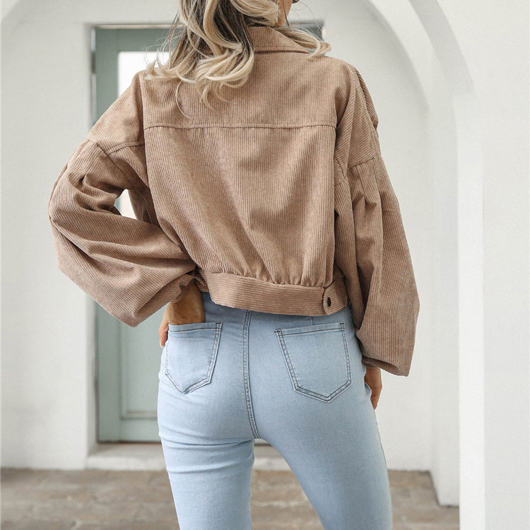 Cropped Lantern Sleeve Corduroy Jacket