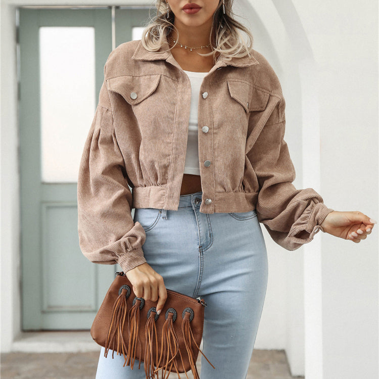 Cropped Lantern Sleeve Corduroy Jacket