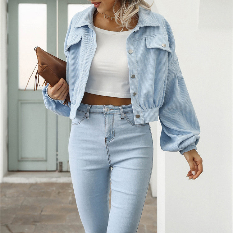 Cropped Lantern Sleeve Corduroy Jacket