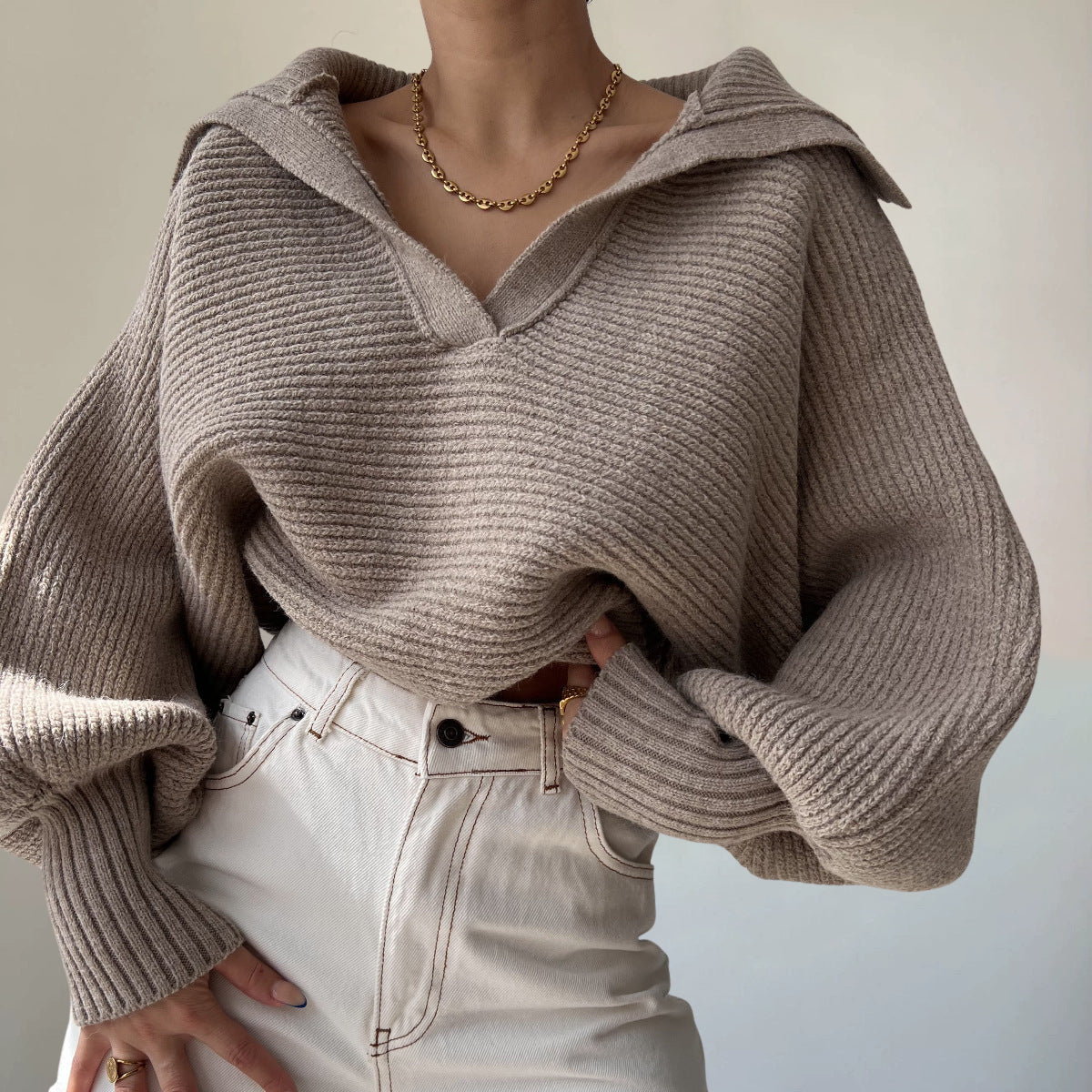Women's knit loose balloon sleeve open-neck sweater