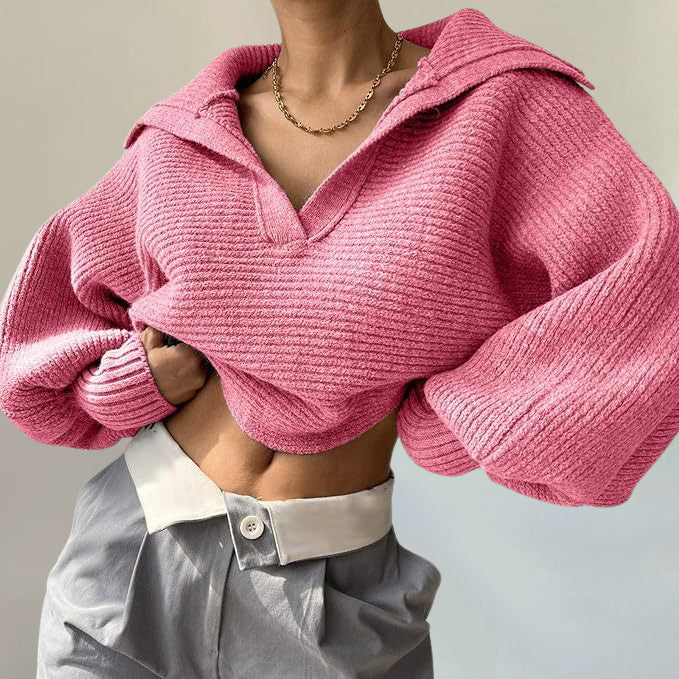 Women's knit loose balloon sleeve open-neck sweater