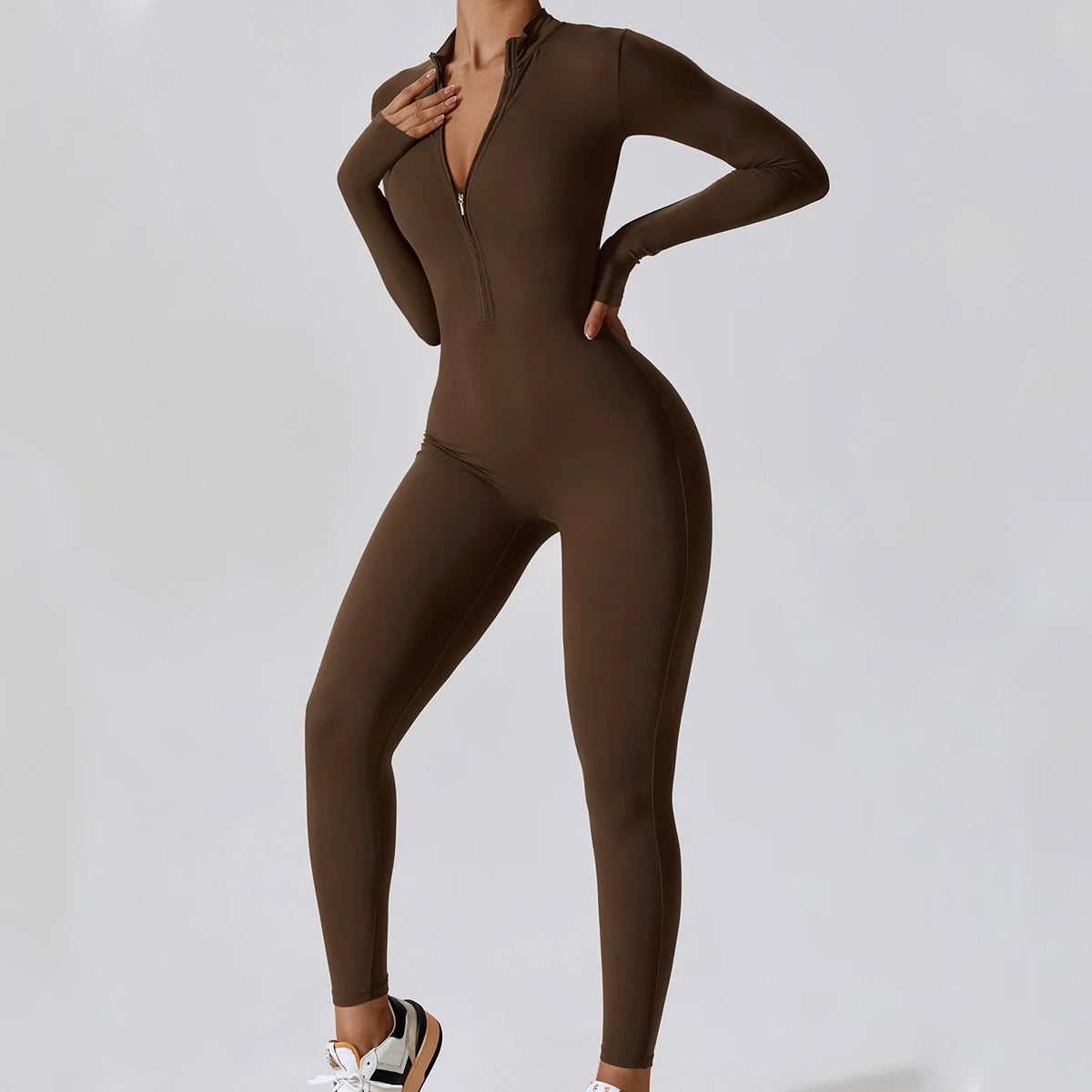 Women's Jumpsuit - Long Sleeve - High Neck - Front Zipper - Stretch Fit