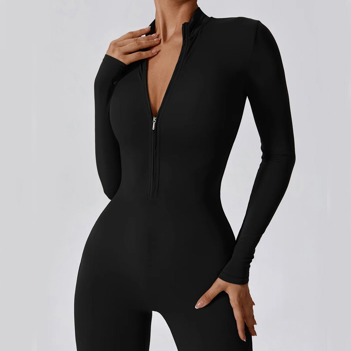 Women's Jumpsuit - Long Sleeve - High Neck - Front Zipper - Stretch Fit