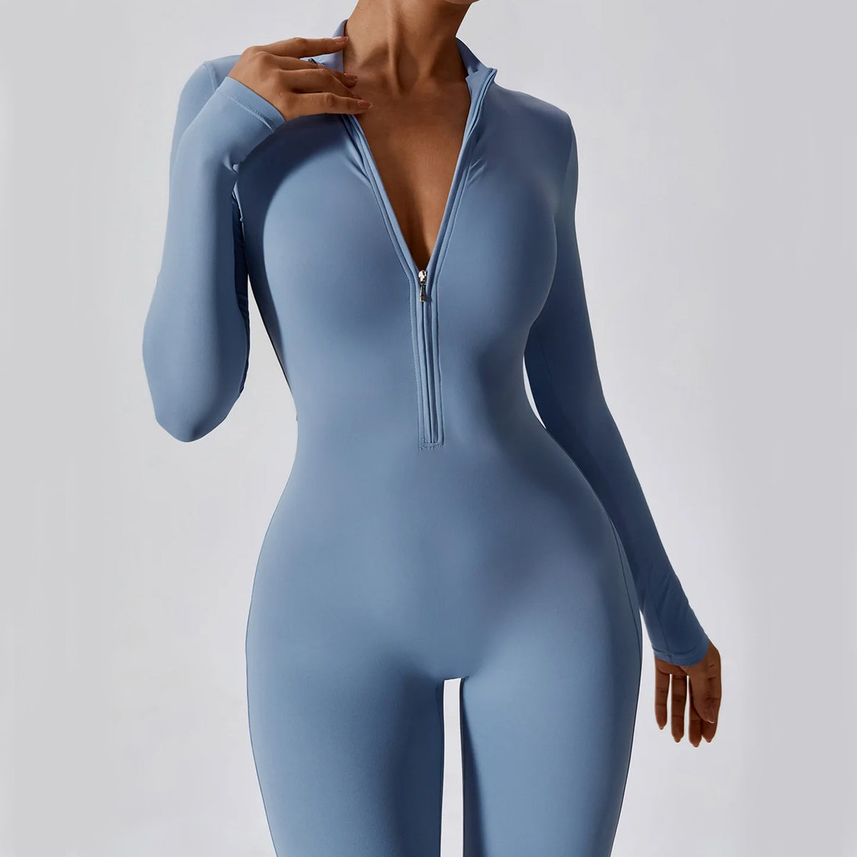 Women's Jumpsuit - Long Sleeve - High Neck - Front Zipper - Stretch Fit
