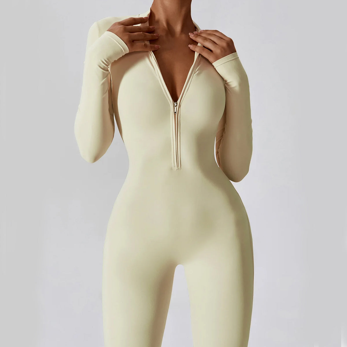Women's Jumpsuit - Long Sleeve - High Neck - Front Zipper - Stretch Fit