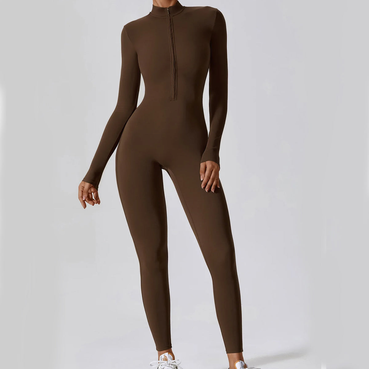 Women's Jumpsuit - Long Sleeve - High Neck - Front Zipper - Stretch Fit