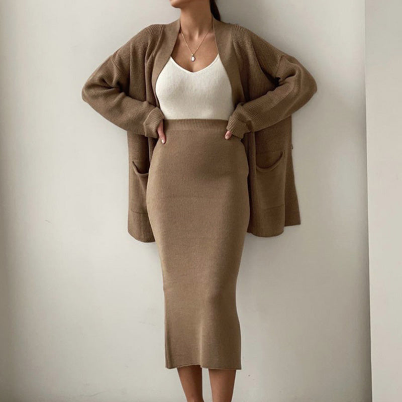 Waseme - women's loose cardigan & high waist skirt set