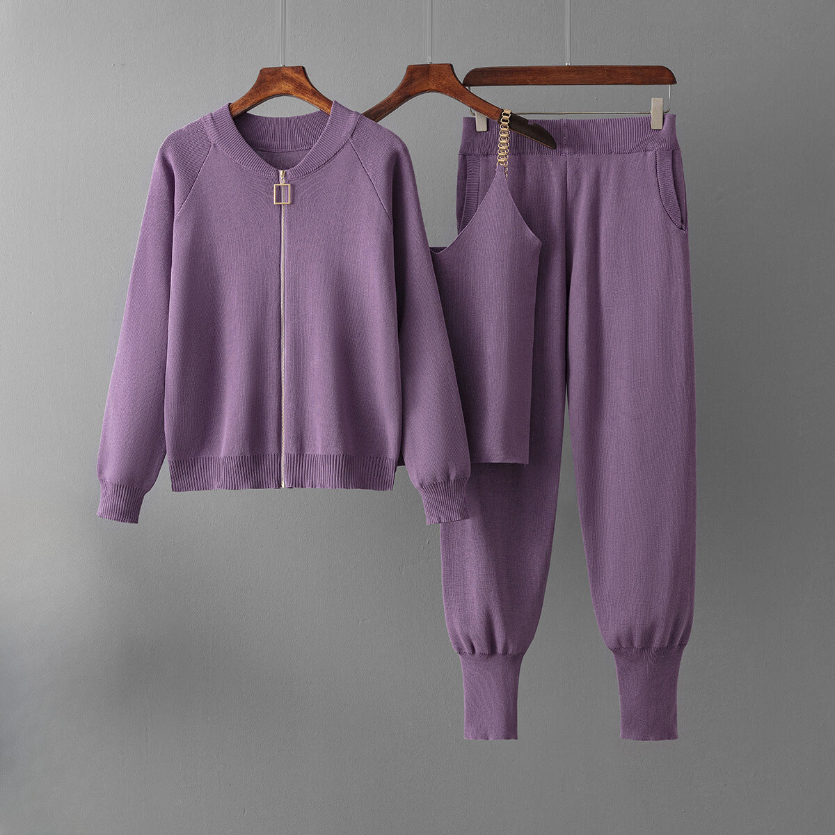 Women's knitted zip up jacket cami top and sweatpants lounge trio set