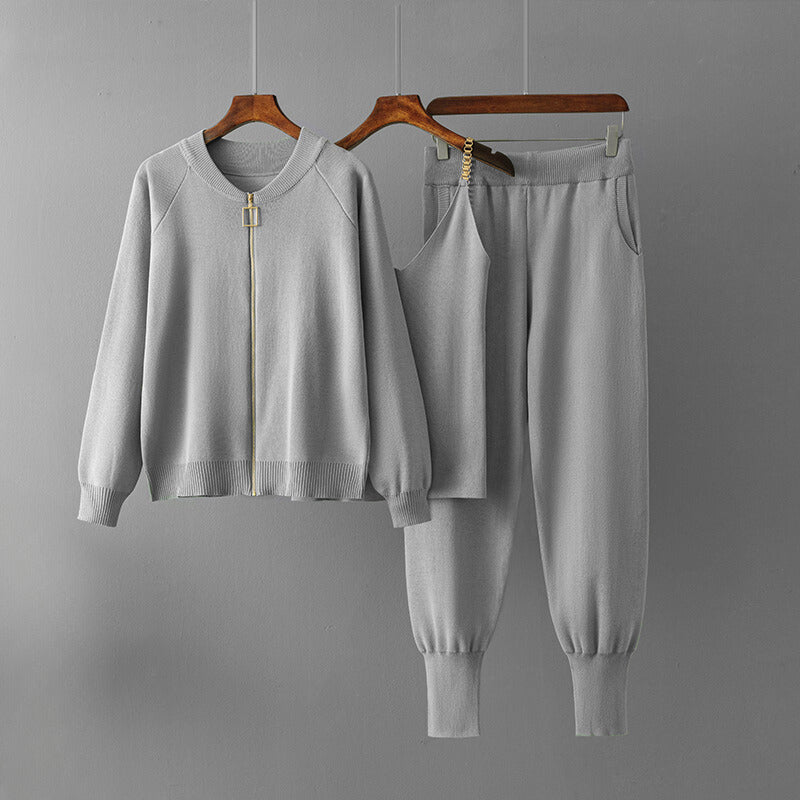 Women's knitted zip up jacket cami top and sweatpants lounge trio set