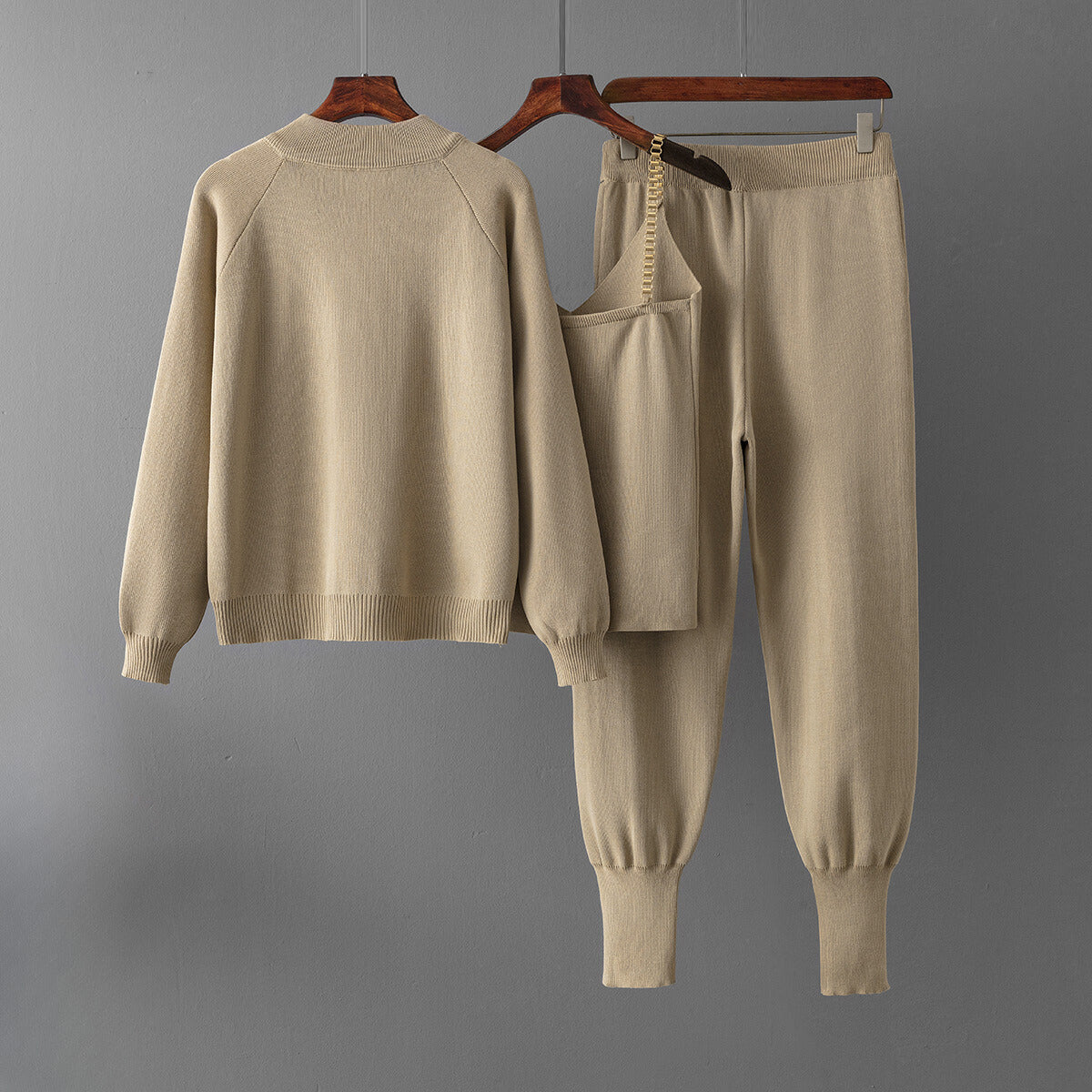 Women's knitted zip up jacket cami top and sweatpants lounge trio set