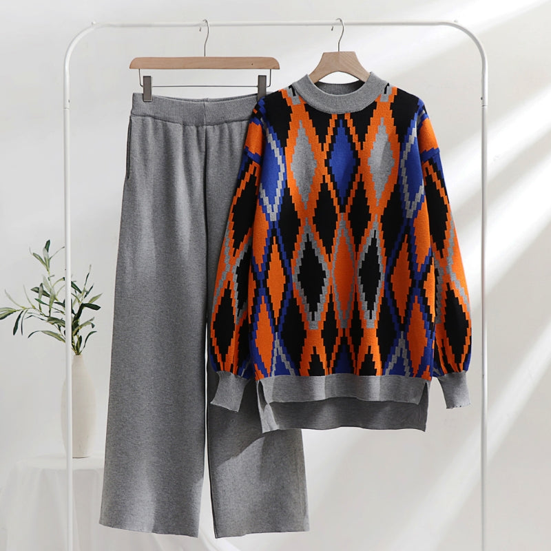 Women's Knit Sweater Set - Argyle Pattern - Crew Neck - Long Sleeve - Wide Leg Pants