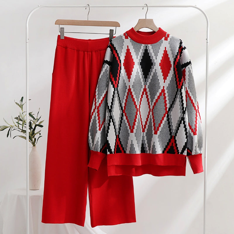 Women's Knit Sweater Set - Argyle Pattern - Crew Neck - Long Sleeve - Wide Leg Pants