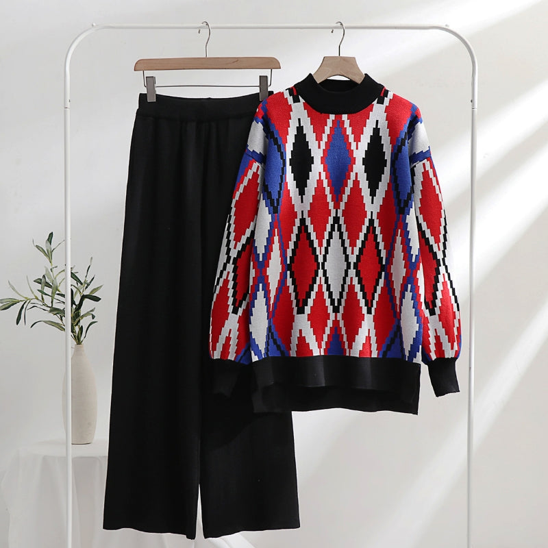 Women's Knit Sweater Set - Argyle Pattern - Crew Neck - Long Sleeve - Wide Leg Pants