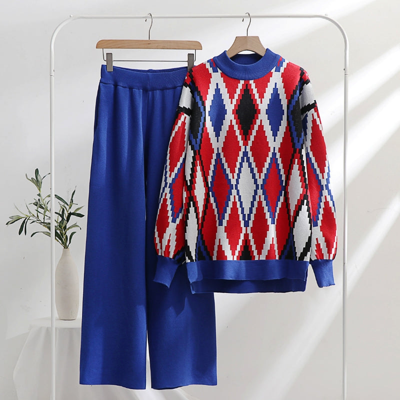 Women's Knit Sweater Set - Argyle Pattern - Crew Neck - Long Sleeve - Wide Leg Pants